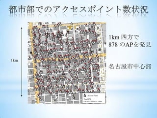 1km 四方で
                             878 のAPを発見

1km
                             名古屋市中心部



          Access Point
      Total 878
      8.8 unit / 100m×100m
 