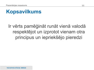 Kopsavilkums Ir vērts pamēģināt runāt vienā valodā respektējot un izprotot vienam otra principus un iepriekšējo pieredzi Prezentācijas nosaukums 
