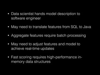 • Data scientist hands model description to 
software engineer 
• May need to translate features from SQL to Java 
• Aggre...