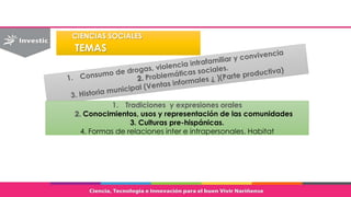 1. Tradiciones y expresiones orales
2. Conocimientos, usos y representación de las comunidades
3. Culturas pre-hispánicas.
4. Formas de relaciones inter e intrapersonales. Habitat
CIENCIAS SOCIALES
TEMAS
 