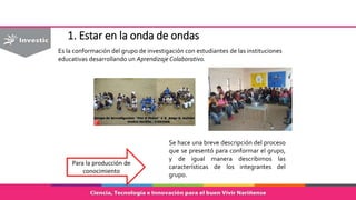 1. Estar en la onda de ondas
Es la conformación del grupo de investigación con estudiantes de las instituciones
educativas desarrollando un Aprendizaje Colaborativo.
Para la producción de
conocimiento
Se hace una breve descripción del proceso
que se presentó para conformar el grupo,
y de igual manera describimos las
características de los integrantes del
grupo.
 