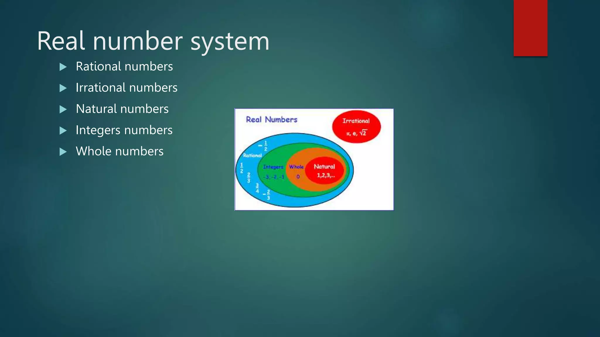 Real number system
Rational numbers
Irrational numbers
Natural numbers
Integers numbers
Whole numbers