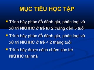 MỤC TIÊU HỌC TẬPMỤC TIÊU HỌC TẬP
 Trình bày phác đồ đánh giá, phân loại vàTrình bày phác đồ đánh giá, phân loại và
xử trí NKHHC ở trẻ từ 2 tháng đến 5 tuổixử trí NKHHC ở trẻ từ 2 tháng đến 5 tuổi
 Trình bày phác đồ đánh giá, phân loại vàTrình bày phác đồ đánh giá, phân loại và
xử trí NKHHC ở trẻ < 2 tháng tuổixử trí NKHHC ở trẻ < 2 tháng tuổi
 Trình bày được cách chăm sóc trẻTrình bày được cách chăm sóc trẻ
NKHHC tại nhàNKHHC tại nhà
 
