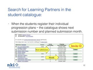 Search for Learning Partners in the student catalogue: When the students  register  their individual progression plans – the catalogue show s  next submission number and planned submission month . Invite   Next submission Month 