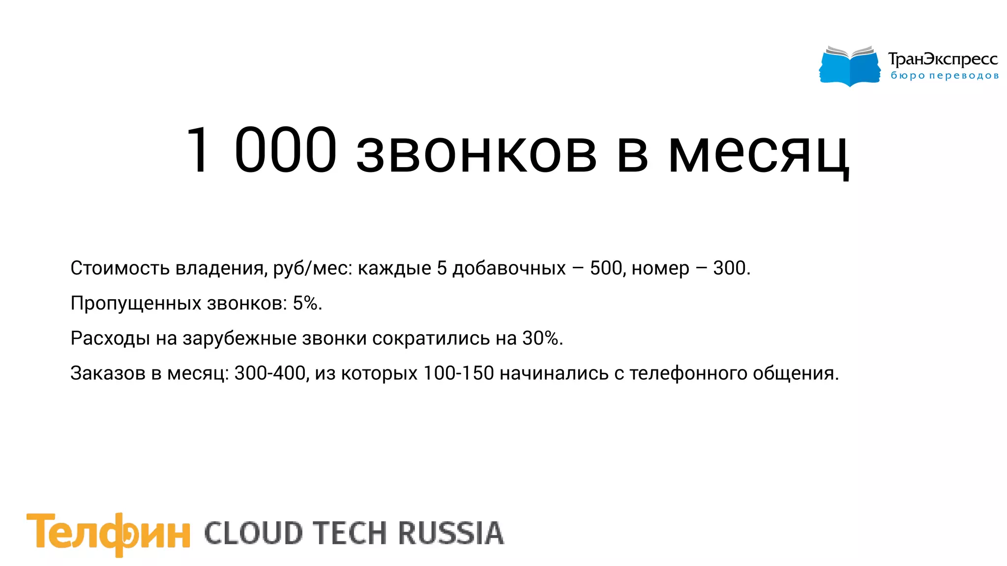 1 000 звонков в месяц
Стоимость владения, руб/мес: каждые 5 добавочных – 500, номер – 300.
Пропущенных звонков: 5%.
Расходы на зарубежные звонки сократились на 30%.
Заказов в месяц: 300-400, из которых 100-150 начинались с телефонного общения.
 