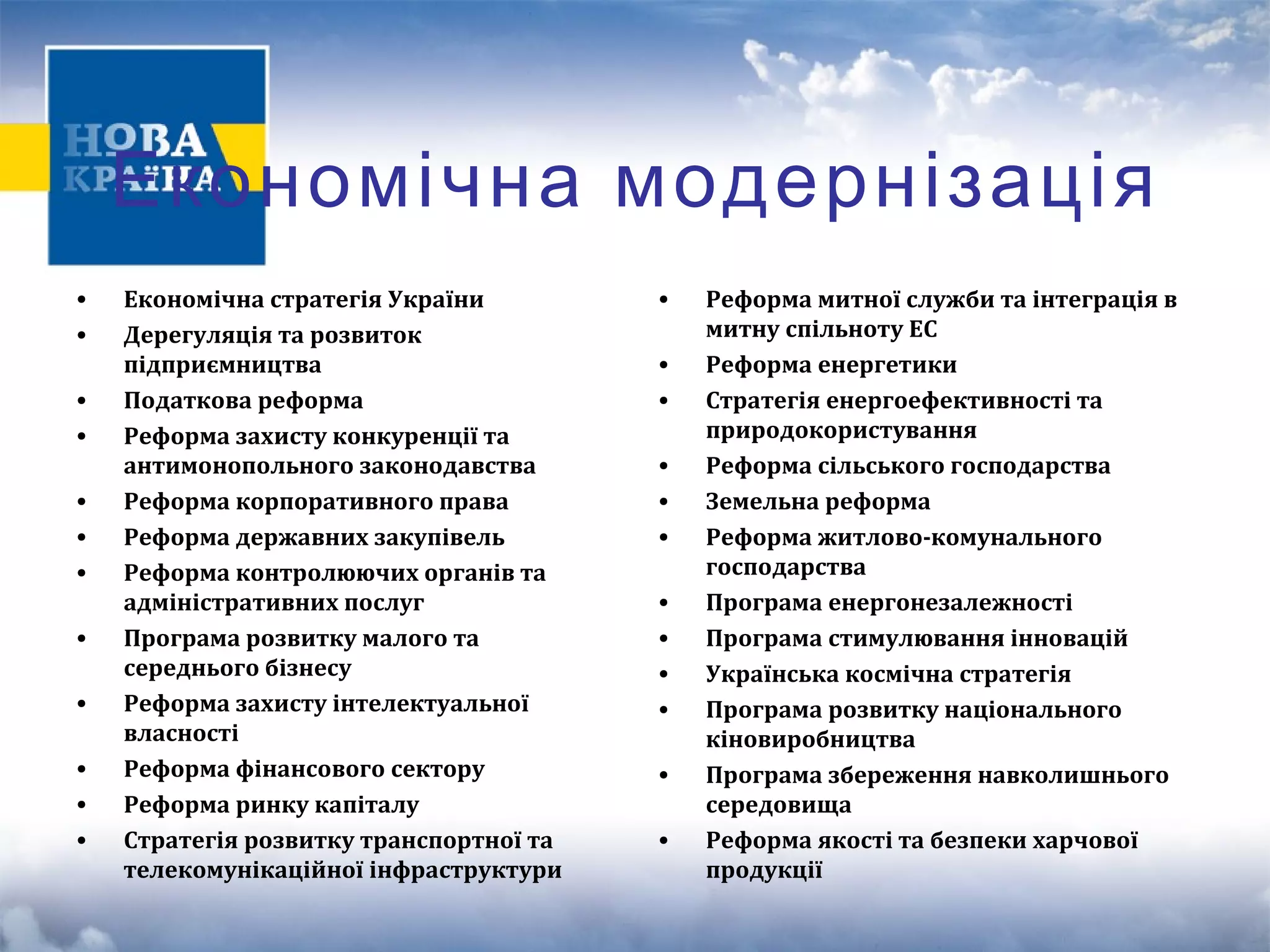 Економічна модернізація 
• Економічна стратегія України 
• Дерегуляція та розвиток 
підприємництва 
• Податкова реформа 
• Реформа захисту конкуренції та 
антимонопольного законодавства 
• Реформа корпоративного права 
• Реформа державних закупівель 
• Реформа контролюючих органів та 
адміністративних послуг 
• Програма розвитку малого та 
середнього бізнесу 
• Реформа захисту інтелектуальної 
власності 
• Реформа фінансового сектору 
• Реформа ринку капіталу 
• Стратегія розвитку транспортної та 
телекомунікаційної інфраструктури 
• Реформа митної служби та інтеграція в 
митну спільноту ЕС 
• Реформа енергетики 
• Стратегія енергоефективності та 
природокористування 
• Реформа сільського господарства 
• Земельна реформа 
• Реформа житлово-комунального 
господарства 
• Програма енергонезалежності 
• Програма стимулювання інновацій 
• Українська космічна стратегія 
• Програма розвитку національного 
кіновиробництва 
• Програма збереження навколишнього 
середовища 
• Реформа якості та безпеки харчової 
продукції 
 