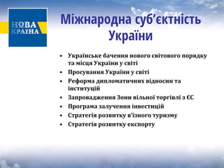 Міжнародна суб’єктність України 
• 
Українське бачення нового світового порядку тамісцяУкраїниусвіті 
• 
Просування України у світі 
• 
Реформа дипломатичних відносин та інституцій 
• 
Запровадження Зони вільної торгівлі з ЄС 
• 
Програма залучення інвестицій 
• 
Стратегія розвитку в’їзного туризму 
• 
Стратегія розвитку експорту  