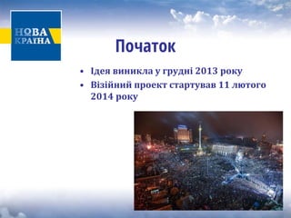 Початок 
• 
Ідея виникла у грудні 2013 року 
• 
Візійний проект стартував 11 лютого 2014 року  
