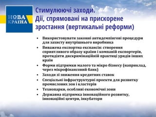 Стимулюючі заходи. Дії, спрямовані на прискорене зростання (вертикальні реформи) 
• 
Використовувати законні антидемпінгові процедури для захисту внутрішнього виробника 
• 
Виважена експортна експансія: створення сприятливого образу країни і компаній експортерів, протидіяти дискримінаційній практиці урядів інших країн 
• 
Форми підтримки малого та мікро бізнесу (наприклад, через мікрофінансовий банк) 
• 
Заходи зі зниження кредитних ставок 
• 
Спеціальні інфраструктурні проекти для розвитку промислових зон і кластерів 
• 
Технопарки, особливіекономічнізони 
• 
Державна підтримка інноваційного розвитку, інноваційні центри, інкубатори  
