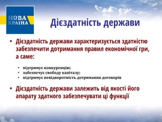 Дієздатність держави 
• 
Дієздатність держави характеризується здатністю забезпечити дотримання правил економічної гри, асаме: 
• 
підтримує конкуренцію; 
• 
забезпечує свободу капіталу; 
• 
підтримує невідворотність дотримання договорів 
• 
Дієздатність держави залежить від якості його апарату здатного забезпечувати ці функції  