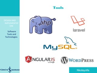 Tools
DESIGN AND
IMPLEMENTAT
ION
Software
Tools and
Technologies
Nkolayofis
 