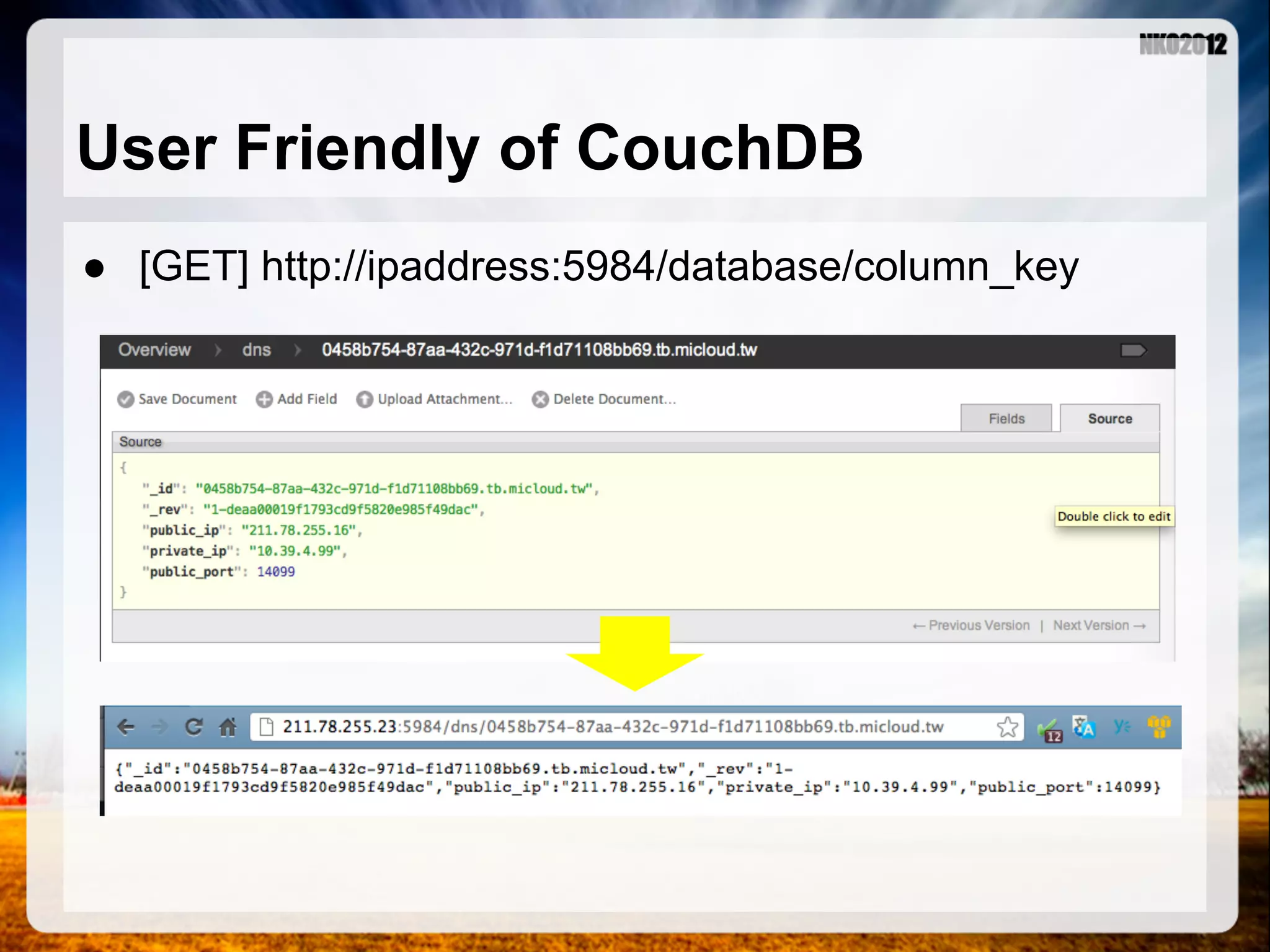 User Friendly of CouchDB ● [GET] http://ipaddress:5984/database/column_key 
