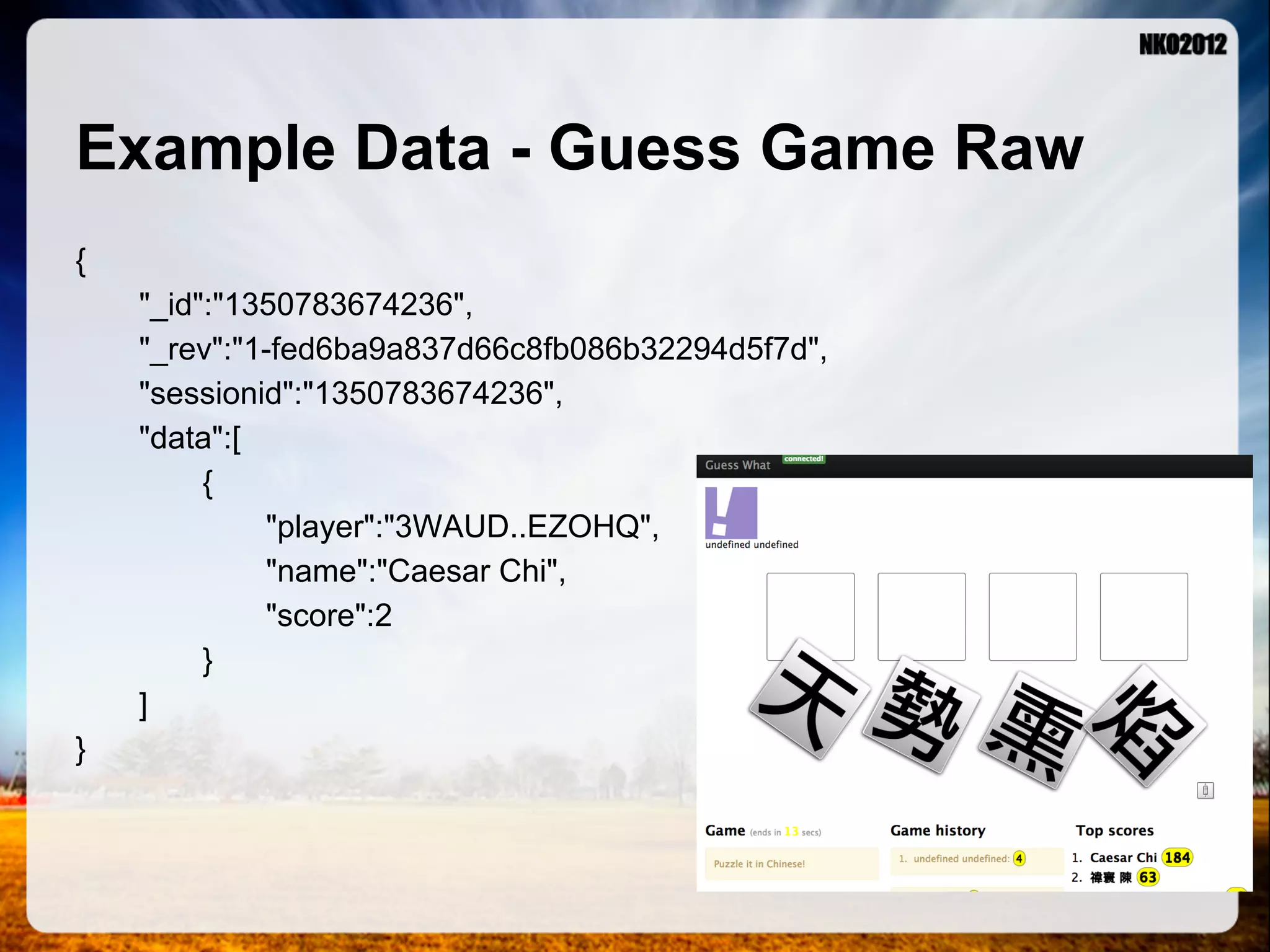 Example Data - Guess Game Raw { "_id":"1350783674236", "_rev":"1-fed6ba9a837d66c8fb086b32294d5f7d", "sessionid":"1350783674236", "data":[ { "player":"3WAUD..EZOHQ", "name":"Caesar Chi", "score":2 } ] } 
