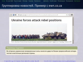 ...
Зачем Что такое HДВ Поиск по видео Сигнатуры Структура Приложения Дубликаты Онлайн-видео Рекомендации Ранжирование Группировка
Группировка новостей. Пример с ewn.co.za
.
Перевод подписи
..
.
Во вторник украинские вооруженные силы нанесли удар по базам пророссийских сепара-
тистов в восточных регионах страны.
17 марта 2015 года: И. К. Никитин. Почта: w@w-495.ru, twitter: @w_495 12 из 28 (32) | «Элементы поиска нечетких дубликатов видео»
 