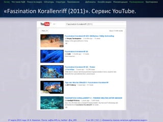 ...
Зачем Что такое HДВ Поиск по видео Сигнатуры Структура Приложения Дубликаты Онлайн-видео Рекомендации Ранжирование Группировка
«Faszination Korallenriff (2011)». Сервис YouTube.
17 марта 2015 года: И. К. Никитин. Почта: w@w-495.ru, twitter: @w_495 9 из 28 (32) | «Элементы поиска нечетких дубликатов видео»
 