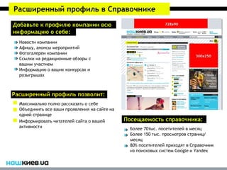 Расширенный профиль в Справочнике
Добавьте к профилю компании всю
информацию о себе:
  Новости компании
  Афишу, анонсы мероприятий
  Фотогалереи компании
  Ссылки на редакционные обзоры с
  вашим участием
  Информацию о ваших конкурсах и
  розыгрышах



Расширенный профиль позволит:
  Максимально полно рассказать о себе
  Объединить все ваши проявления на сайте на
  одной странице
  Информировать читателей сайта о вашей        Посещаемость справочника:
  активности                                     Более 70тыс. посетителей в месяц
                                                 Более 150 тыс. просмотров страниц/
                                                 месяц
                                                 80% посетителей приходят в Справочник
                                                 из поисковых систем Google и Yandex
 