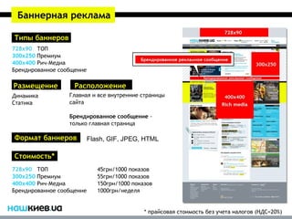 Баннерная реклама

Типы баннеров
728x90 ТОП
300x250 Премиум
400х400 Рич-Медиа
Брендированное сообщение

Размещение          Расположение
Динамика          Главная и все внутренние страницы
Статика           сайта

                  Брендированное сообщение -
                  только главная страница

Формат баннеров            Flash, GIF, JPEG, HTML

Стоимость*
728x90 ТОП                    45грн/1000 показов
300x250 Премиум               55грн/1000 показов
400х400 Рич-Медиа             150грн/1000 показов
Брендированное сообщение      1000грн/неделя


                                              * прайсовая стоимость без учета налогов (НДС=20%)
 