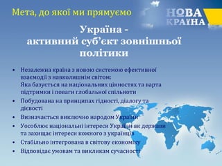 Мета, до якої ми прямуємо
• Незалежна країна з новою системою ефективної
взаємодії з навколишнім світом:
Яка базується на національних цінностях та варта
підтримки і поваги глобальної спільноти
• Побудована на принципах гідності, діалогу та
дієвості
• Визначається виключно народом України
• Уособлює національні інтереси України як держави
та захищає інтереси кожного з українців
• Стабільно інтегрована в світову економіку
• Відповідає умовам та викликам сучасності
Україна -
активний суб’єкт зовнішньої
політики
 