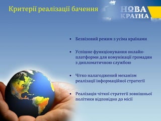 Критерії реалізації бачення
• Безвізовий режим з усіма країнами
• Успішне функціонування онлайн-
платформи для комунікації громадян
з дипломатичною службою
• Чітко налагоджений механізм
реалізації інформаційної стратегії
• Реалізація чіткої стратегії зовнішньої
політики відповідно до місії
 