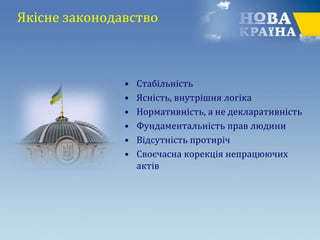 Якісне законодавство
• Стабільність
• Ясність, внутрішня логіка
• Нормативність, а не декларативність
• Фундаментальність прав людини
• Відсутність протиріч
• Своєчасна корекція непрацюючих
актів
 