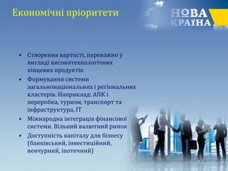 Економічні пріоритети
• Створення вартості, переважно у
вигляді високотехнологічних
кінцевих продуктів
• Формування системи
загальнонаціональних і регіональних
кластерів. Наприклад: АПК і
переробка, туризм, транспорт та
інфраструктура, ІТ
• Міжнародна інтеграція фінансової
системи. Вільний валютний ринок
• Доступність капіталу для бізнесу
(банківський, інвестиційний,
венчурний, іпотечний)
 
