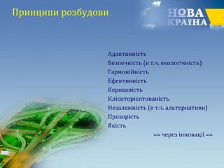 Принципи розбудови
Адаптивність
Безпечність (в т.ч. екологічність)
Гармонійність
Ефективність
Керованість
Клієнторієнтованість
Незалежність (в т.ч. альтернативи)
Прозорість
Якість
== через інновації ==
 