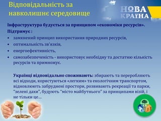 Відповідальність за
навколишнє середовище
Інфраструктура будується за принципом «економіки ресурсів».
Підтримує :
• замкнений принцип використання природних ресурсів,
• оптимальність зв'язків,
• енергоефективність,
• самозабезпеченість - використовує необхідну та достатню кількість
ресурсів та примножує.
Українці відповідально споживають: збирають та переробляють
всі відходи, користуються «легким» та екологічним транспортом,
відновлюють забруднені простори, розвивають рекреації та парки,
“зелені дахи”, будують “місто майбутнього” за принципами візій, і
не тільки це…
 