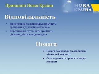 Принципи Нової Країни
• Рівноправна та відповідальна участь
громадян в управління країною
• Персональна готовність приймати
рішення, діяти та відповідати
• Повага до свободи та особистих
цінностей кожного
• Справедливість і рівність перед
законом
Відповідальність
Повага
 