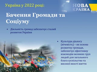 Україна у 2022 році:
Бачення Громади та
Соціуму
• Культура діалогу
(вічевість) – як основа
розвитку громади,
забезпечує ефективну
взаємодію великих груп
людей для загального
блага суспільства та
високої якості життя
• Діяльність громад забезпечує сталий
розвиток України
 