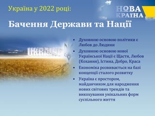 Україна у 2022 році:
• Духовною основою політики є
Любов до Людини
• Духовною основою нової
Української Нації є Щастя, Любов
(Кохання), Істина, Добро, Краса
• Економіка розвивається на базі
концепції сталого розвитку
• Україна є простором,
майданчиком для народження
нових світових трендів та
викохування унікальних форм
суспільного життя
Бачення Держави та Нації
 