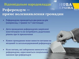 Відповідальне народовладдя
• Референдуми проводяться два рази на рік
(наприклад, 1 травня та 7 листопада)
• Дати проведення референдумів закріплені
конституцією та не потребують додаткових
рішень про їх призначення
• Кожен громадянин може винести питання на
місцевий та загальнодержавний референдум
• Коло питань, які заборонено виносити на
референдуми, окреслюються спеціальним
законом про референдум
Референдум —
пряме волевиявлення громадян
 
