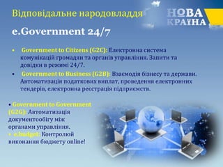 • Government to Citizens (G2C): Електронна система
комунікацій громадян та органів управління. Запити та
довідки в режимі 24/7.
• Government to Business (G2B): Взаємодія бізнесу та держави.
Автоматизація податкових виплат, проведення електронних
тендерів, електронна реєстрація підприємств.
Відповідальне народовладдя
e.Government 24/7
• Government to Government
(G2G): Автоматизація
документообігу між
органами управління.
• e.budget: Контролюй
виконання бюджету online!
 