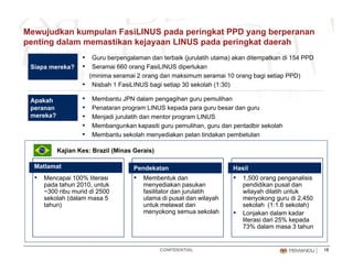 Mewujudkan kumpulan FasiLINUS pada peringkat PPD yang berperanan
penting dalam memastikan kejayaan LINUS pada peringkat daerah
Siapa mereka?
▪ Guru berpengalaman dan terbaik (jurulatih utama) akan ditempatkan di 154 PPD
▪ Seramai 660 orang FasiLINUS diperlukan
(minima seramai 2 orang dan maksimum seramai 10 orang bagi setiap PPD)
▪ Nisbah 1 FasiLINUS bagi setiap 30 sekolah (1:30)Nisbah 1 FasiLINUS bagi setiap 30 sekolah (1:30)
Apakah
peranan
mereka?
▪ Membantu JPN dalam pengagihan guru pemulihan
▪ Penataran program LINUS kepada para guru besar dan guru
▪ Menjadi jurulatih dan mentor program LINUS
Kajian Kes: Brazil (Minas Gerais)
j j p g
▪ Membangunkan kapasiti guru pemulihan, guru dan pentadbir sekolah
▪ Membantu sekolah menyediakan pelan tindakan pembetulan
j ( )
Matlamat
▪ Mencapai 100% literasi
pada tahun 2010, untuk
Pendekatan
▪ Membentuk dan
menyediakan pasukan
Hasil
▪ 1,500 orang penganalisis
pendidikan pusat danpada tahun 2010, untuk
~300 ribu murid di 2500
sekolah (dalam masa 5
tahun)
menyediakan pasukan
fasilitator dan jurulatih
utama di pusat dan wilayah
untuk melawat dan
menyokong semua sekolah
pendidikan pusat dan
wilayah dilatih untuk
menyokong guru di 2,450
sekolah (1:1.6 sekolah)
▪ Lonjakan dalam kadar
literasi dari 25% kepada
CONFIDENTIAL 18
literasi dari 25% kepada
73% dalam masa 3 tahun
 