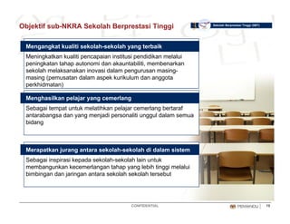 Objektif sub-NKRA Sekolah Berprestasi Tinggi Sekolah Berprestasi Tinggi (SBT)
Mengangkat kualiti sekolah-sekolah yang terbaik
Meningkatkan kualiti pencapaian institusi pendidikan melalui
peningkatan tahap autonomi dan akauntabiliti, membenarkan
sekolah melaksanakan inovasi dalam pengurusan masingsekolah melaksanakan inovasi dalam pengurusan masing-
masing (pemusatan dalam aspek kurikulum dan anggota
perkhidmatan)
Menghasilkan pelajar yang cemerlangMenghasilkan pelajar yang cemerlang
Sebagai tempat untuk melatihkan pelajar cemerlang bertaraf
antarabangsa dan yang menjadi personaliti unggul dalam semua
bidang
Merapatkan jurang antara sekolah-sekolah di dalam sistem
Sebagai inspirasi kepada sekolah-sekolah lain untuk
membangunkan kecemerlangan tahap yang lebih tinggi melalui
bimbingan dan jaringan antara sekolah sekolah tersebut
CONFIDENTIAL 19
 