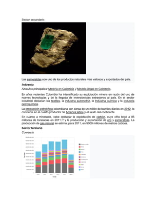 Sector secundario
Las esmeraldas son uno de los productos naturales más valiosos y exportados del país.
Industria
Artículos principales: Minería en Colombia y Minería ilegal en Colombia.
En años recientes Colombia ha intensificado su explotación minera en razón del uso de
nuevas tecnologías y de la llegada de inversionistas extranjeros al país. En el sector
industrial destacan los textiles, la industria automotriz, la Industria química y la Industria
petroquímica.
La producción petrolífera colombiana con cerca de un millón de barriles diarios en 2012, lo
convierte en el cuarto productor de América latina y el sexto del continente.
En cuanto a minerales, cabe destacar la explotación de carbón, cuya cifra llegó a 85
millones de toneladas en 2011,74
y la producción y exportación de oro y esmeraldas. La
producción de gas natural se estima, para 2011, en 9000 millones de metros cúbicos.
Sector terciario
Comercio
 