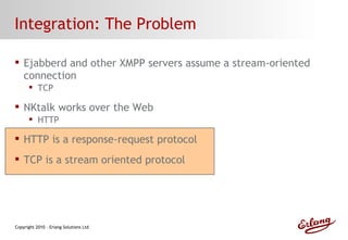 Integration: The Problem Ejabberd and other XMPP servers assume a stream-oriented connection TCP NKtalk works over the Web HTTP HTTP is a response-request protocol TCP is a stream oriented protocol 