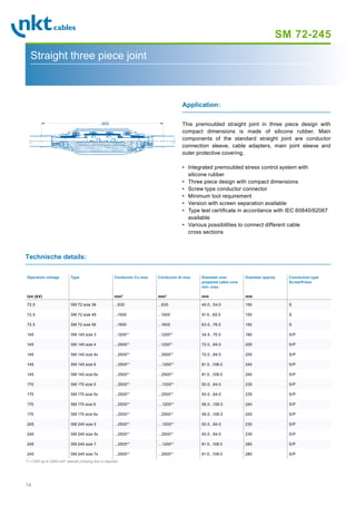 14
SM 72-245
Straight three piece joint
This premoulded straight joint in three piece design with
compact dimensions is made of silicone rubber. Main
components of the standard straight joint are conductor
connection sleeve, cable adapters, main joint sleeve and
outer protective covering.
• Integrated premoulded stress control system with
silicone rubber
• Three piece design with compact dimensions
• Screw type conductor connector
• Minimum tool requirement
• Version with screen separation available
• Type test certificate in accordance with IEC 60840/62067
available
• Various possibilities to connect different cable
cross sections
Application:
Technische details:
Operation voltage
Um (kV)
Type Conductor Cu max.
mm2
Conductor Al max.
mm2
Diameter over
prepared cable core
min.-max.
mm
Diameter approx.
mm
Connection type
Screw/Press
72.5 SM 72 size 36 ...630 ...630 40.0...54.0 150 S
72.5 SM 72 size 46 ...1000 ...1000 51.5...65.0 150 S
72.5 SM 72 size 56 ...1600 ...1600 63.0...78.0 150 S
145 SM 145 size 3 ...1200*1
...1200*1
34.5...75.0 180 S/P
145 SM 145 size 4 ...2500*1
...1200*1
72.0...84.0 205 S/P
145 SM 145 size 4x ...2500*1
...2500*1
72.0...84.0 205 S/P
145 SM 145 size 6 ...2500*1
....1200*1
81.5...108.0 240 S/P
145 SM 145 size 6x ...2500*1
...2500*1
81.5...108.0 240 S/P
170 SM 170 size 5 ...2500*1
....1200*1
50.0...84.0 235 S/P
170 SM 170 size 5x ...2500*1
...2500*1
50.0...84.0 235 S/P
170 SM 170 size 6 ...2500*1
....1200*1
56.0...108.0 240 S/P
170 SM 170 size 6x ...2500*1
...2500*1
56.0...108.0 240 S/P
245 SM 245 size 5 ...2500*1
....1200*1
50.0...84.0 235 S/P
245 SM 245 size 5x ...2500*1
...2500*1
50.0...84.0 235 S/P
245 SM 245 size 7 ...2500*1
....1200*1
81.5...108.0 280 S/P
245 SM 245 size 7x ...2500*1
...2500*1
81.5...108.0 280 S/P
*1 1200 up to 2500 mm2
special crimping tool is required
~800
 