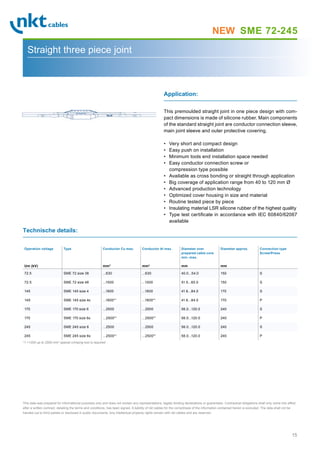 15
Page 1
SME 72-245
Straight three piece joint
This premoulded straight joint in one piece design with com-
pact dimensions is made of silicone rubber. Main components
of the standard straight joint are conductor connection sleeve,
main joint sleeve and outer protective covering.
• Very short and compact design
• Easy push on installation
• Minimum tools end installation space needed
• Easy conductor connection screw or
compression type possible
• Available as cross bonding or straight through application
• Big coverage of application range from 40 to 120 mm Ø
• Advanced production technology
• Optimized cover housing in size and material
• Routine tested piece by piece
• Insulating material LSR silicone rubber of the highest quality
• Type test certificate in accordance with IEC 60840/62067
available
Application:
Technische details:
Operation voltage
Um (kV)
Type Conductor Cu max.
mm2
Conductor Al max.
mm2
Diameter over
prepared cable core
min.-max.
mm
Diameter approx.
mm
Connection type
Screw/Press
72.5 SME 72 size 36 ...630 ...630 40.0...54.0 150 S
72.5 SME 72 size 46 ...1000 ...1000 51.5...65.0 150 S
145 SME 145 size 4 ...1600 ...1600 41.6...84.0 170 S
145 SME 145 size 4x ...1600*1
...1600*1
41.6...84.0 170 P
170 SME 170 size 6 ...2500 ...2500 56.0...120.0 240 S
170 SME 170 size 6x ...2500*1
...2500*1
56.0...120.0 240 P
245 SME 245 size 6 ...2500 ...2500 56.0...120.0 240 S
245 SME 245 size 6x ...2500*1
...2500*1
56.0...120.0 240 P
*1 1200 up to 2500 mm2
special crimping tool is required
This data was prepared for informational purposes only and does not contain any representations, legally binding declarations or guarantees. Contractual obligations shall only come into effect
after a written contract, detailing the terms and conditions, has been signed. A liability of nkt cables for the correctness of the information contained herein is excluded. The data shall not be
handed out to third parties or disclosed in public documents. Any intellectual property rights remain with nkt cables and are reserved.
NEW
 