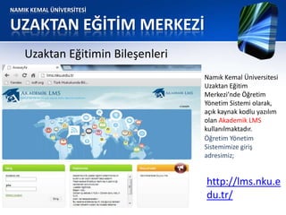 NAMIK KEMAL ÜNİVERSİTESİ
UZAKTAN EĞİTİM MERKEZİ
Uzaktan Eğitimin Bileşenleri
Namık Kemal Üniversitesi
Uzaktan Eğitim
Merkezi’nde Öğretim
Yönetim Sistemi olarak,
açık kaynak kodlu yazılım
olan Akademik LMS
kullanılmaktadır.
Öğretim Yönetim
Sistemimize giriş
adresimiz;
http://lms.nku.e
du.tr/
 