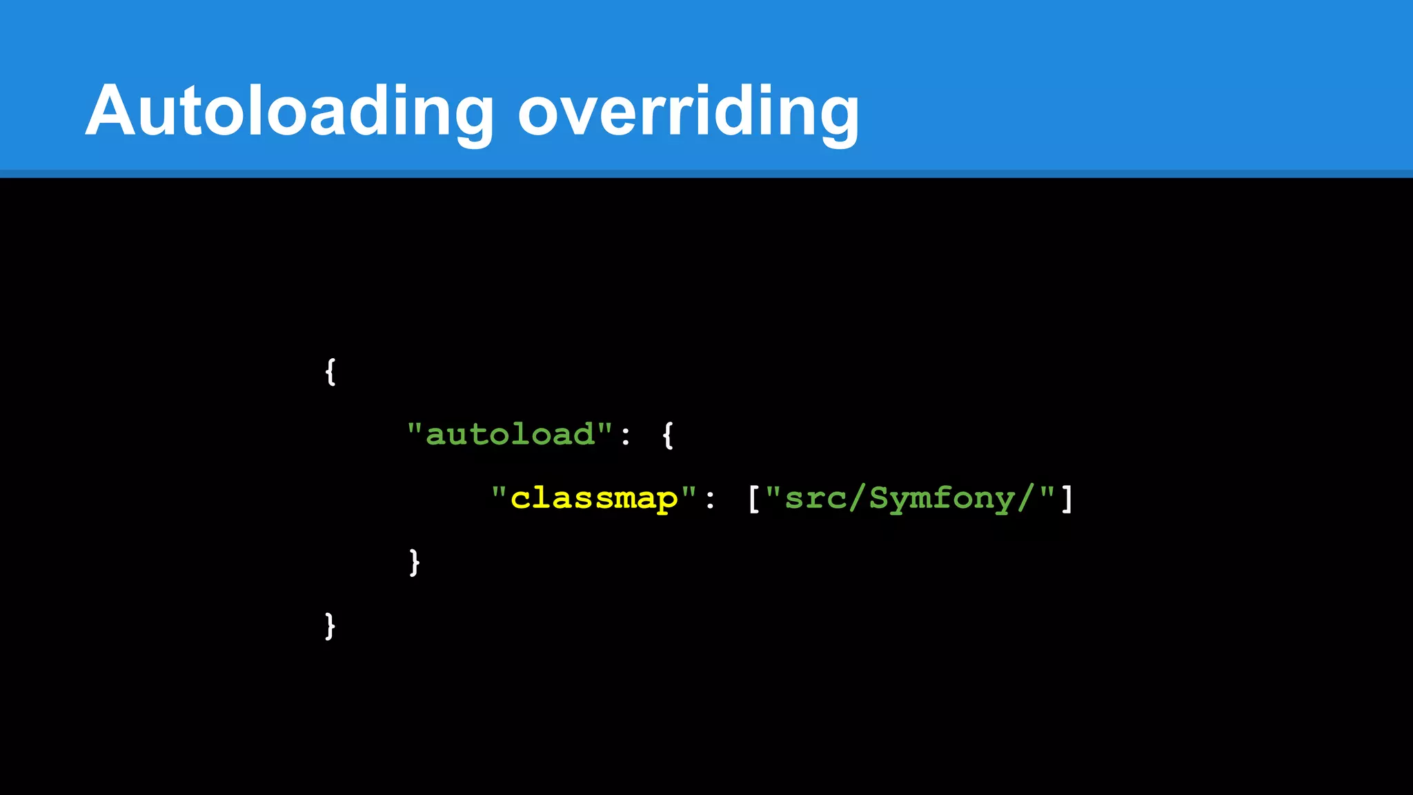 Autoloading overriding
{
"autoload": {
"classmap": ["src/Symfony/"]
}
}
 