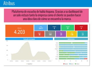 Atribus
Plataforma de escucha de habla hispana. Gracias a su dashboard de
un solo vistazo tanto la empresa como el cliente se pueden hacer
una idea clara de cómo se encuentra la marca.
 
