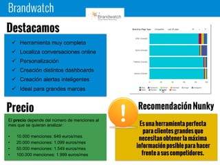 Brandwatch
Es una herramienta perfecta para
clientes grandes que necesitan
obtener la máxima información
posible para hacer frente a sus
competidores.
 Herramienta muy completa
 Localiza conversaciones online
 Personalización
 Creación distintos dashboards
 Creación alertas inteligentes
 Ideal para grandes marcas
Destacamos
El precio depende del número de menciones al
mes que se quieran analizar:
• 10.000 menciones: 649 euros/mes.
• 20.000 menciones: 1.099 euros/mes
• 50.000 menciones: 1.549 euros/mes
• 100.000 menciones: 1.999 euros/mes
Precio Recomendación Nunky
 