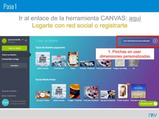 NKY
Ir al enlace de la herramienta CANVAS: aquí
Logarte con red social o registrarte
Paso 1
1. Pinchas en usar
dimensiones personalizadas
 