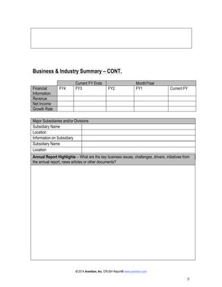 ©2014 Avention, Inc. CRUSH Report® www.avention.com
6
Business & Industry Summary – CONT.
Current FY Ends Month/Year
Finan...
