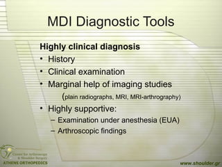 MDI Diagnostic Tools
Highly clinical diagnosis
• History
• Clinical examination
• Marginal help of imaging studies
(plain radiographs, MRI, MRI-arthrography)
• Highly supportive:
– Examination under anesthesia (EUA)
– Arthroscopic findings
www.shoulder.gr
 