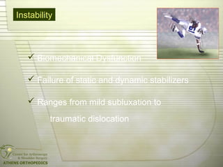 Instability
 Biomechanical Dysfunction
 Failure of static and dynamic stabilizers
 Ranges from mild subluxation to
traumatic dislocation
 