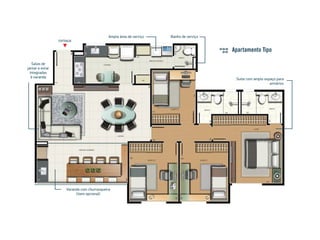 Apartamento Tipo 
Varanda com churrasqueira 
(item opcional) 
Ampla área de serviço Banho de serviço 
Suíte com amplo espaço para 
armários 
ENTRADA 
Salas de 
jantar e estar 
integradas 
à varanda 
 