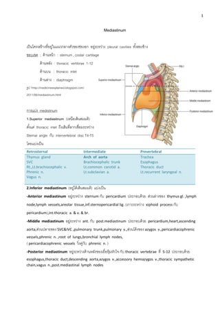 1
Mediastinum
เป็นโครงสร้างที่อยู่ในแนวกลางตัวของช่องอก อยู่ระหว่าง pleural cavities ทั้งสองข้าง
ขอบเขต ; ด้านหน้า : sternum , costal cartilage
ด้านหลัง : thoracic vertibrae 1-12
ด้านบน : thoracic inlet
ด้านล่าง : diaphragm
รูป 1http://medicineexplained.blogspot.com/
2011/06/mediastinum.html
การแบ่ง medistinum
1.Superior mediastinum (เหนือเส้นสมมติ)
ตั้งแต่ thoracic inlet ถึงเส้นที่ลากเชื่อมระหว่าง
Sternal angle กับ intervertebral disc T4-T5
โดยแบ่งเป็น
Retrosternal Intermediate Prevertebral
Thymus gland
SVC
Rt.,Lt.brachiocephalic v.
Phrenic n.
Vagus n.
Arch of aorta
Brachiocephalic trunk
Lt.common carotid a.
Lt.subclavian a.
Trachea
Esophagus
Thoracic duct
Lt.recurrent laryngeal n.
2.Inferior mediastinum (อยู่ใต้เส้นสมมติ) แบ่งเป็น
-Anterior mediastinum อยู่ระหว่าง sternum กับ pericardium ประกอบด้วย ส่วนล่างของ thymus gl. ,lymph
node,lymph vessels,areolar tissue,inf.sternopericardial lig. (เกาะระหว่าง xiphoid process กับ
pericardium),int.thoracic a. & v. & br.
-Middle mediastinum อยู่ระหว่าง ant. กับ post.mediastinum ประกอบด้วย pericardium,heart,ascending
aorta,ส่วนปลายของ SVC&IVC ,pulmonary trunk,pulmonary v.,ส่วนโค้งของ azygos v.,pericardiacophrenic
vessels,phrenic n. ,root of lungs,bronchial lymph nodes,
( pericardiacophrenic vessels วิ่งคู่กับ phrenic n. )
-Posterior mediastinum อยู่ระหว่างด้านหลังของเยื่อหุ้มหัวใจ กับ thoracic vertebrae ที่ 5-12 ประกอบด้วย
esophagus,thoracic duct,descending aorta,azygos v.,accessory hemiazygos v.,thoracic sympathetic
chain,vagus n.,post.mediastinal lymph nodes
 