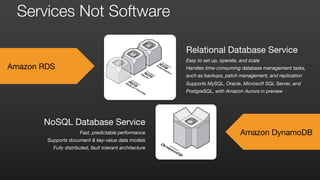Relational Database Service
Easy to set up, operate, and scale
Handles time-consuming database management tasks,
such as b...