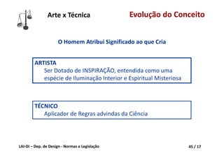 LAI‐DI – Dep. de Design ‐ Normas e Legislação 45 / 17
O Homem Atribui Significado ao que Cria
TÉCNICO
Aplicador de Regras advindas da Ciência
ARTISTA
Ser Dotado de INSPIRAÇÃO, entendida como uma 
espécie de Iluminação Interior e Espiritual Misteriosa
Arte x Técnica Evolução do Conceito
 